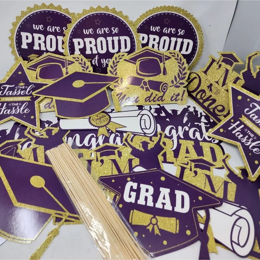 Graduation Party 32 Pc. Purple & Gold Party Decorations with sticks‎ New in Pkg